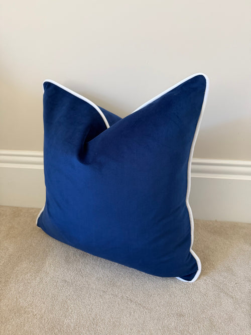 Blue velvet white piping 20” cover