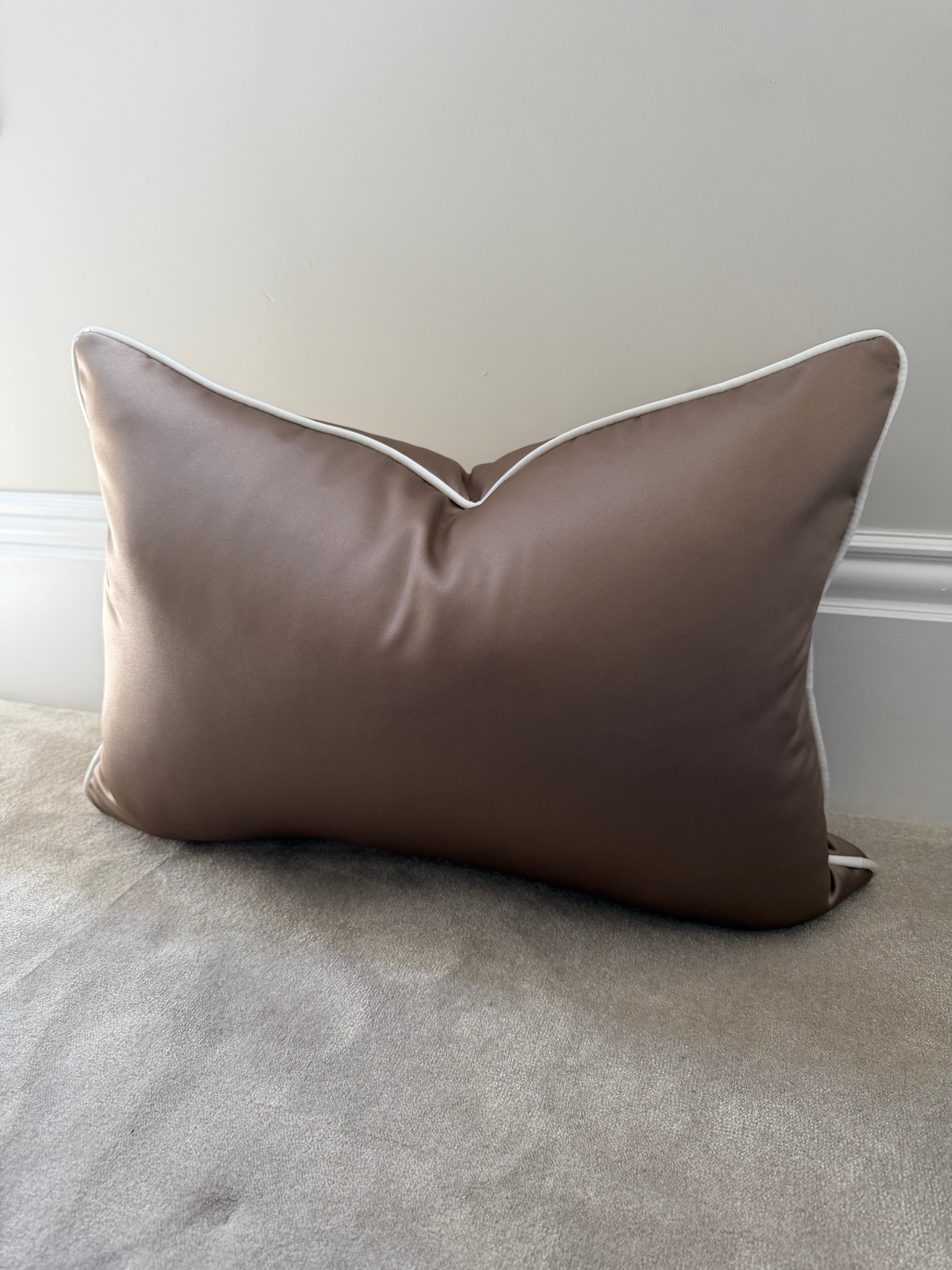 Large brown sateen rectangle ivory piping cover