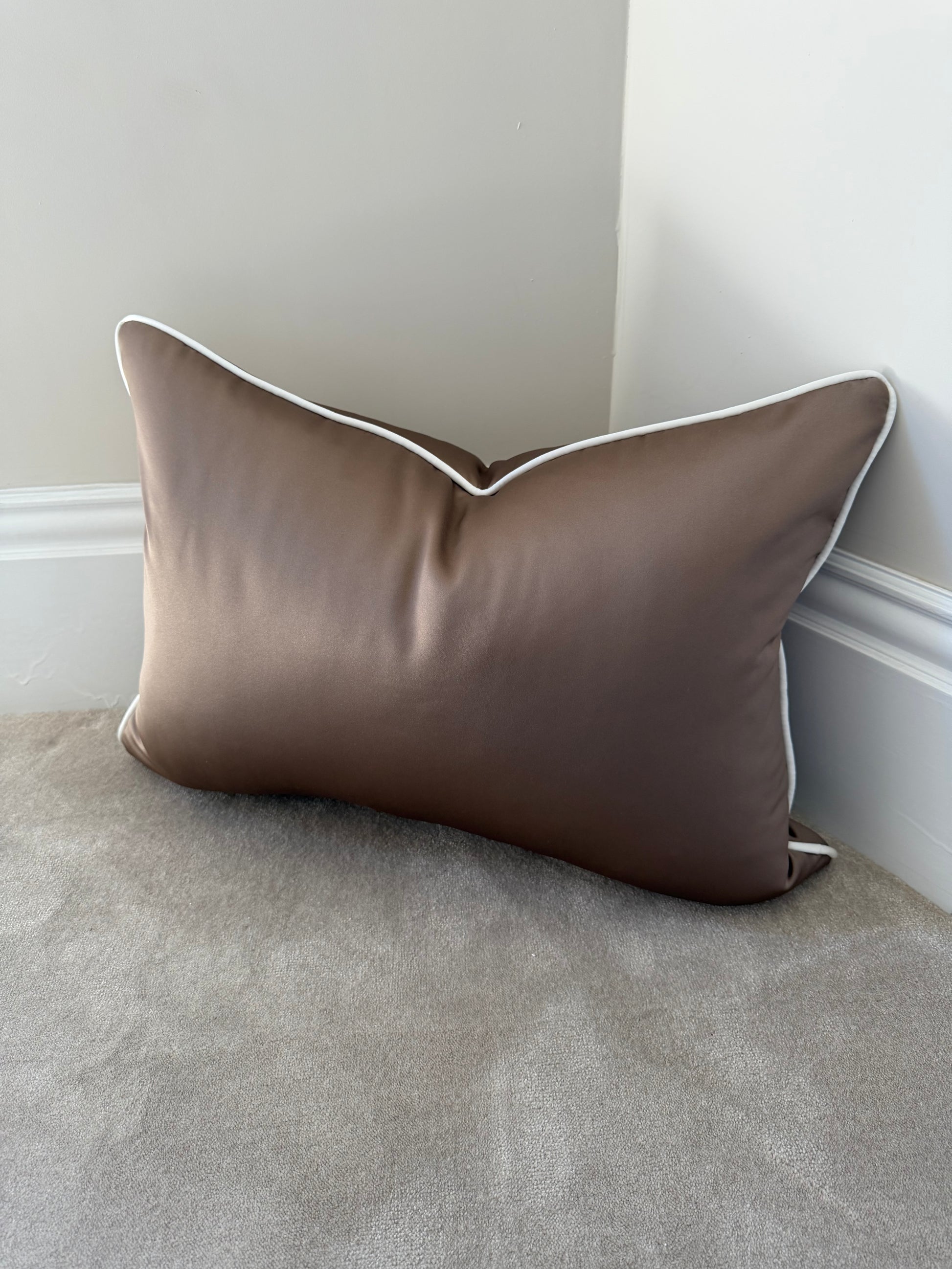 Large brown sateen rectangle ivory piping cover