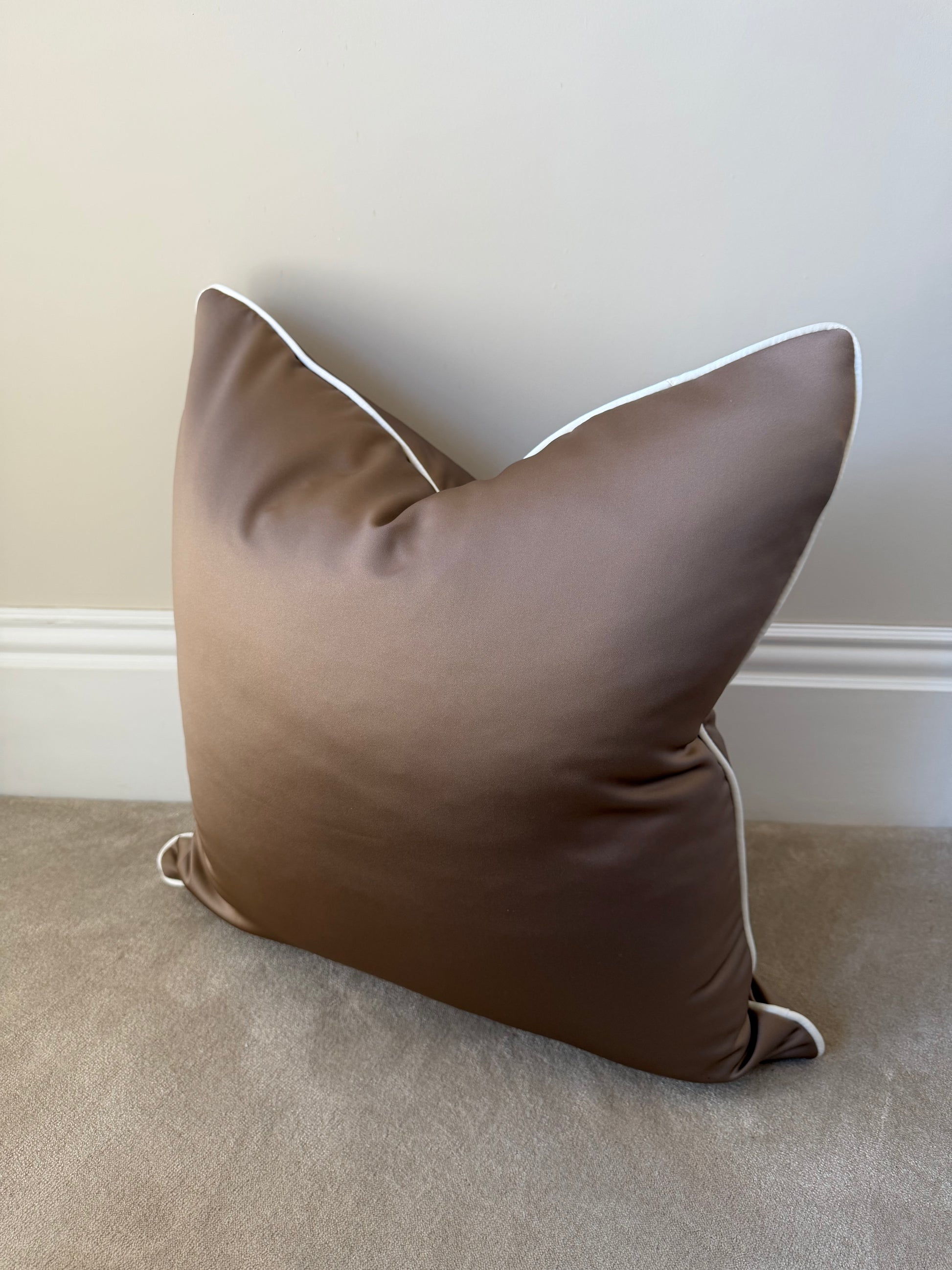 Brown sateen 22” cover only ivory piping