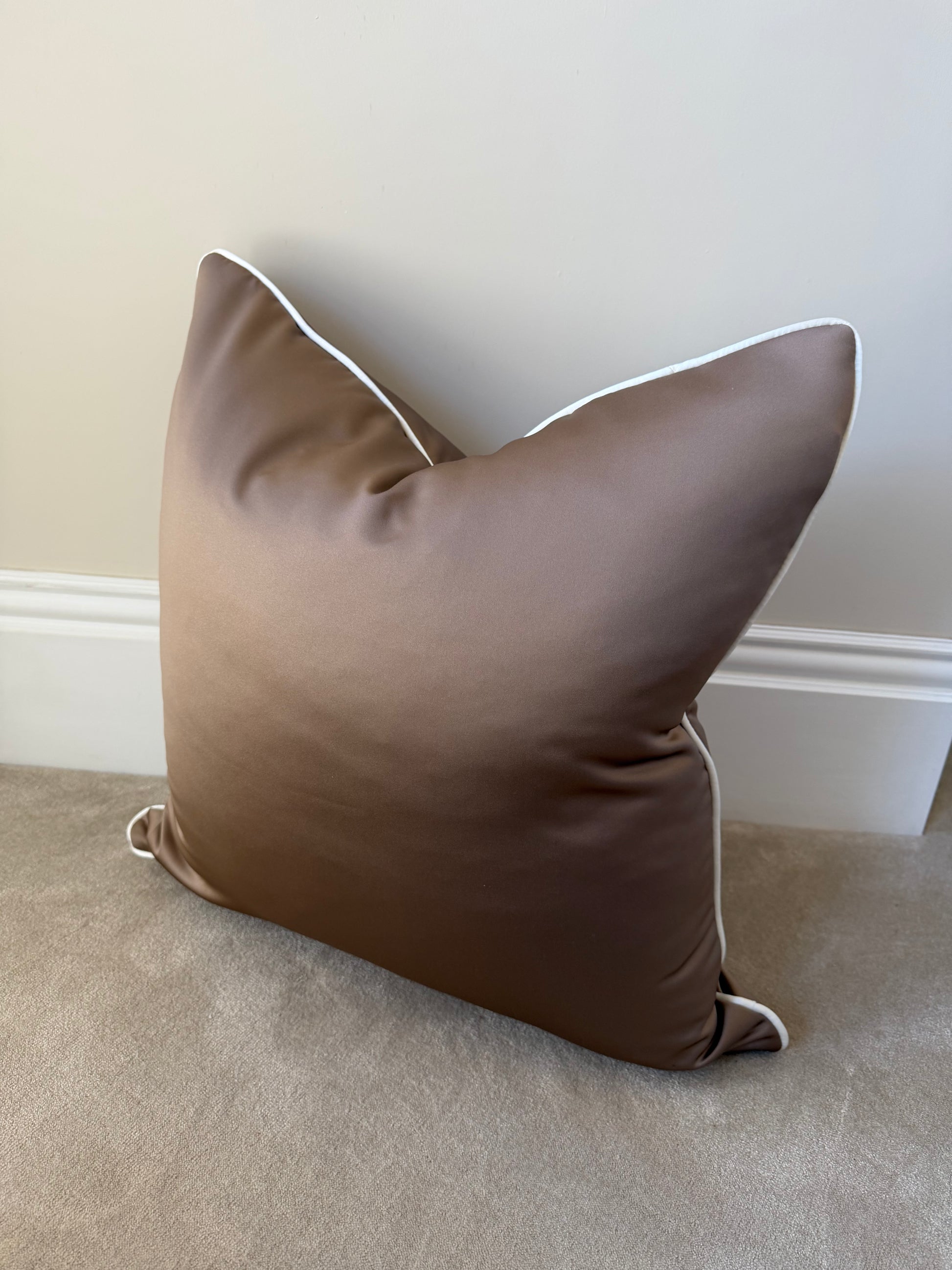 Brown sateen 22” cover only ivory piping