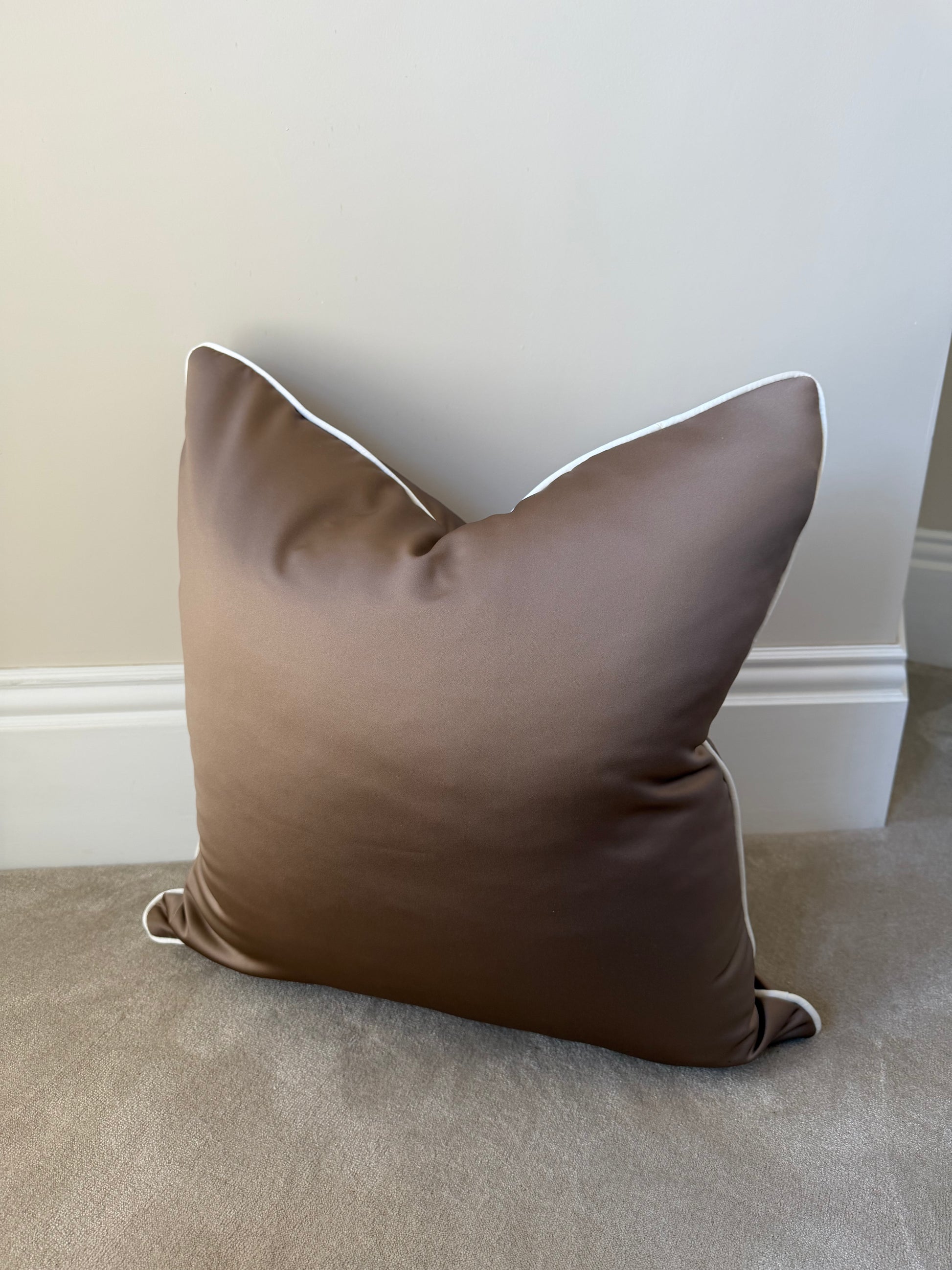 Brown sateen 22” cover only ivory piping